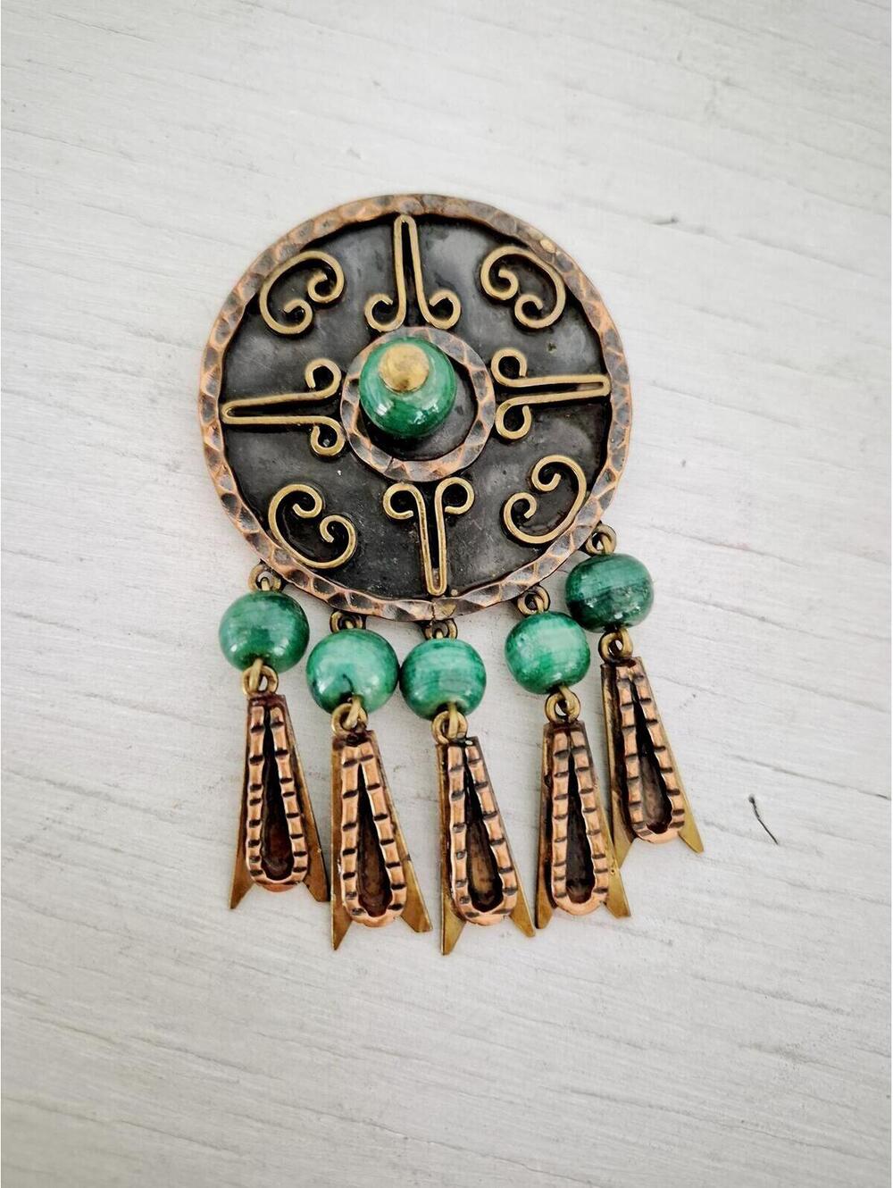 Vintage 1960s Maya Mexico Copper Green Onyx Mexican Dangle Brooch Pendant